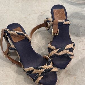 Tory Burch Navy and Tan Rope Sandals